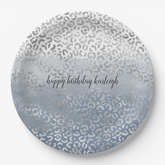 Smoky Blue White Ombre Silver Glam Leopard Print Paper Plate (Front)