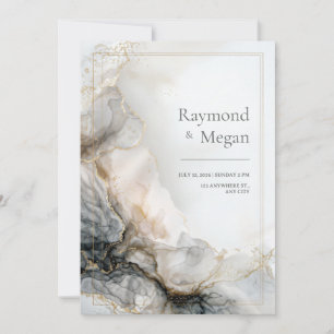 Smoky Charcoal Gilded Fluid Marble Wedding Invitation