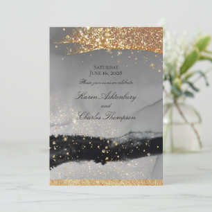 Smoky Grey & Black Sparkling Gold Modern Wedding Invitation