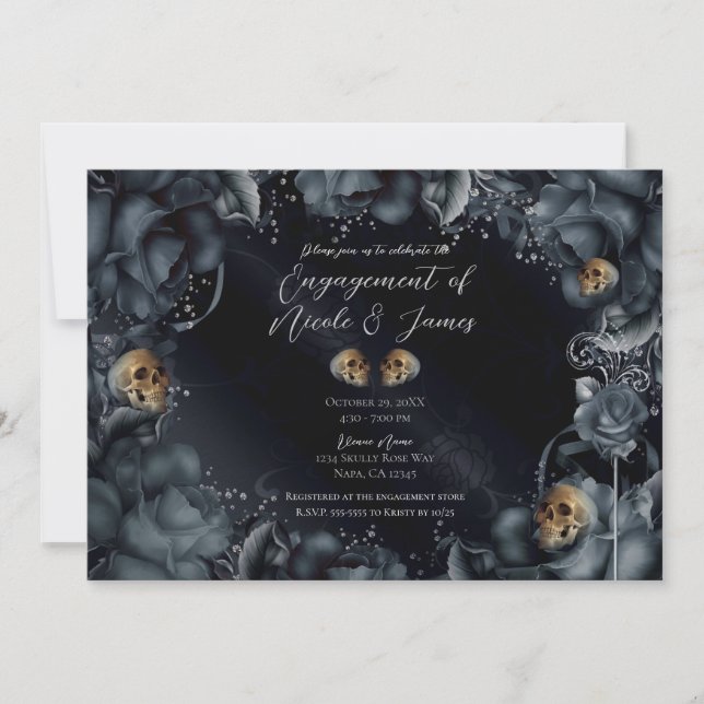 Smoky Grey Blue Roses & Skulls Engagement Party  Invitation (Front)
