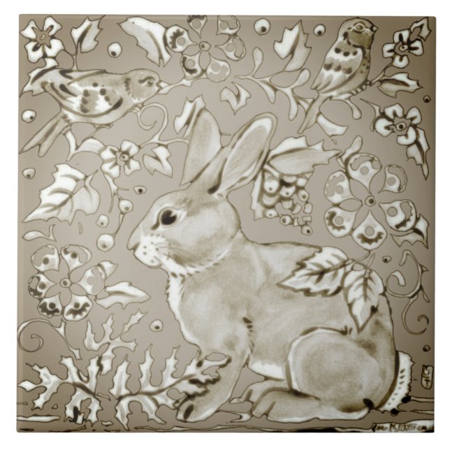 Smoky Grey Neutral Bunny Rabbit Bird Floral Leaf Ceramic Tile (Front)