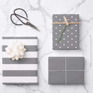 Smoky Grey Polka Dot Wide Striped and Solid Wrapping Paper Sheet