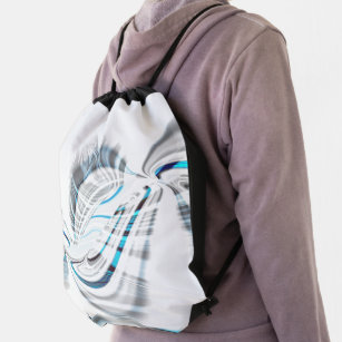 Smoky grey ripples and blue chrome curves on white drawstring bag