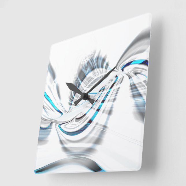 Smoky grey ripples and blue chrome curves on white square wall clock (Angle)