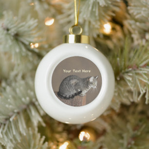 Smoky Grey Tabby Cat Ceramic Ball Christmas Ornament