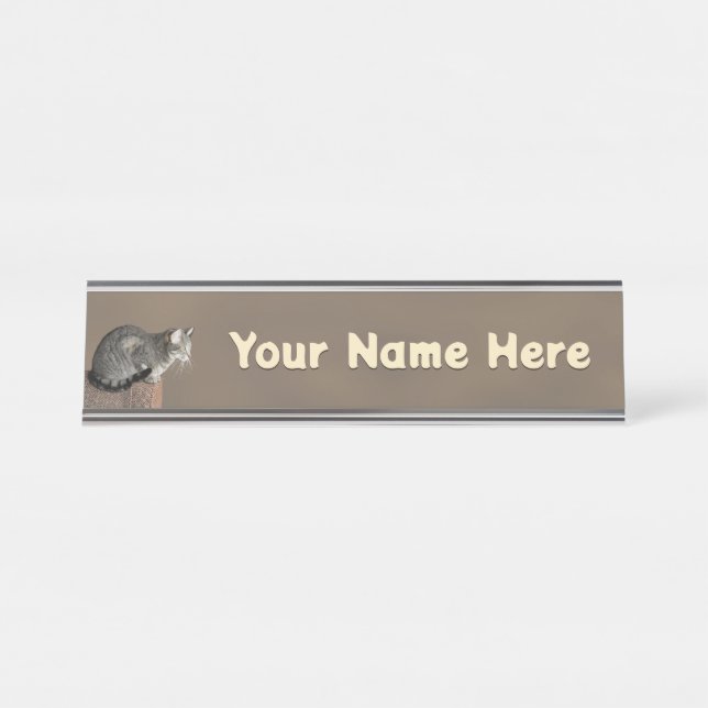 Smoky Grey Tabby Cat Desk Name Plate (Front)