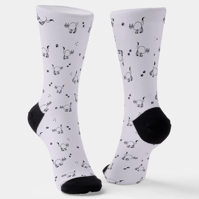Smoky Lavender Cat Line Art Pattern Socks (Angled)