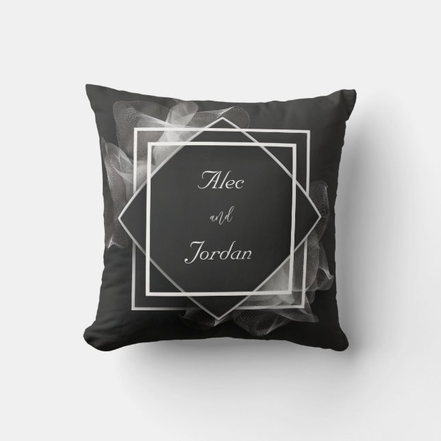 Smoky Mesh Layers Elegant Black Wedding Cushion (Front)