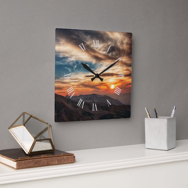 Smoky Mountains Nature Theme Sunset Square Wall Clock (Office)