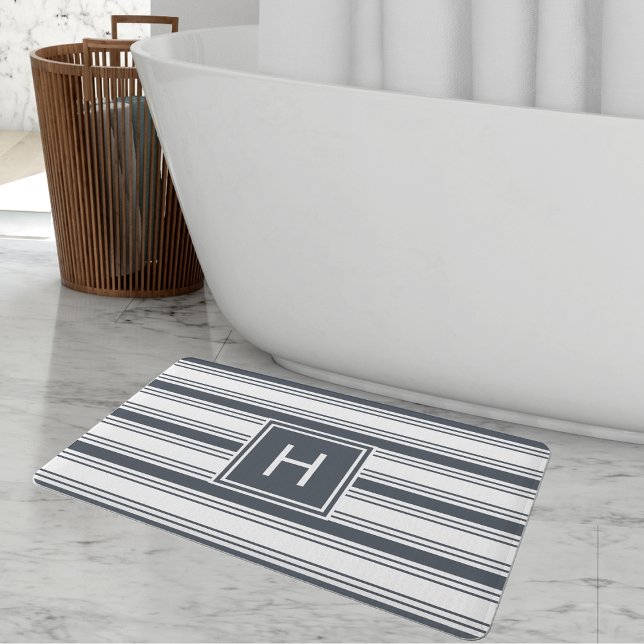 Smoky Navy and White Stripe Monogram Bath Mat (Creator Uploaded)