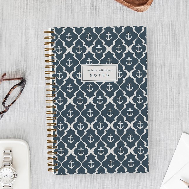 Smoky Navy Blue Nautical Anchor Ogee Personalized Notebook (Creator Uploaded)