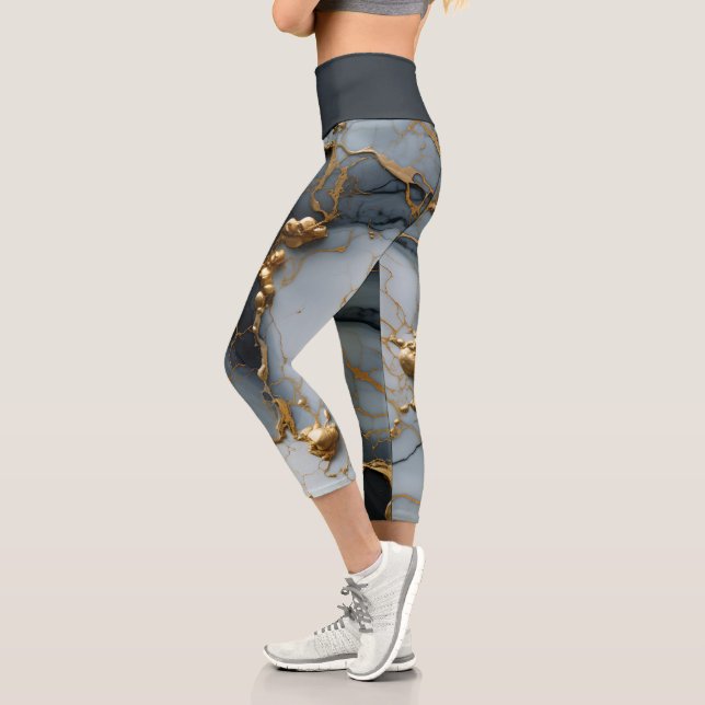 Smoky Onyx Marble with Golden Veins Capri Leggings (Left)