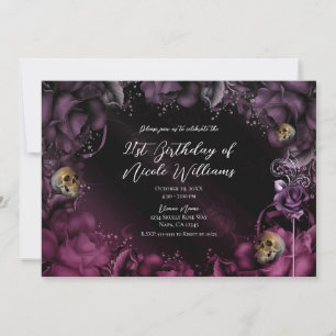 Smoky Purple Pink Roses & Skulls Birthday Party  Invitation