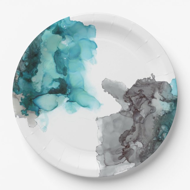 smoky teal and gray alcohol ink paper plates (Front)