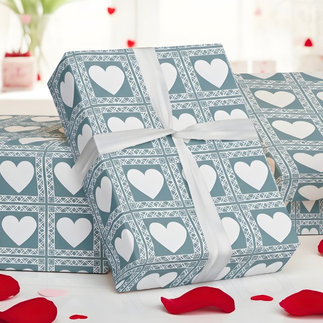 Smoky Teal Geometric Hearts Valentine Gift Wrapping Paper (Creator Uploaded)