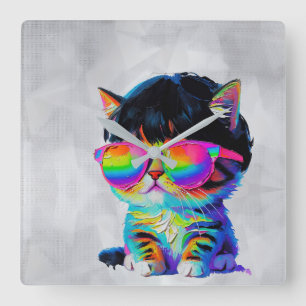 Smol Cute Funny Cat (Painting No. 1) Square Wall Clock