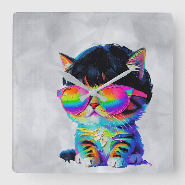 Smol Cute Funny Cat (Painting No. 1) Square Wall Clock (Front)