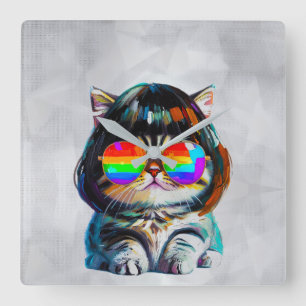 Smol Cute Funny Cat (Painting No. 4) Square Wall Clock