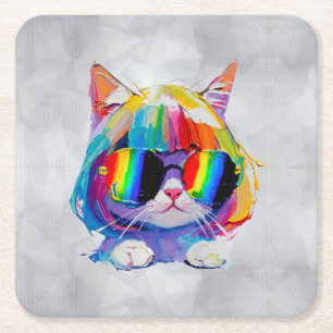Smol Cute Funny Cat (Painting No. 5) Square Paper Coaster