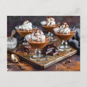 Smooth and creamy chocolate pudding served glas holiday postcard