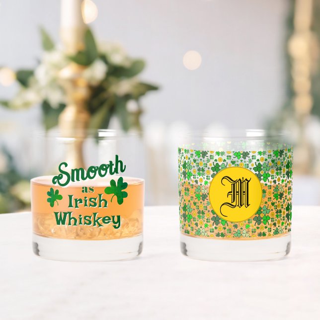 Smooth as Irish Whiskey Shamrocks Gold Personalize Glass (Insitu (Wedding))