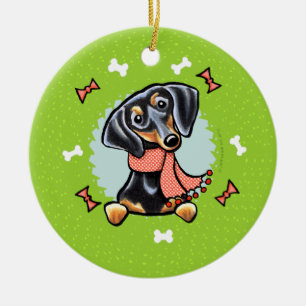 Smooth Black Tan Dachshund Christmas Wreath Ceramic Ornament