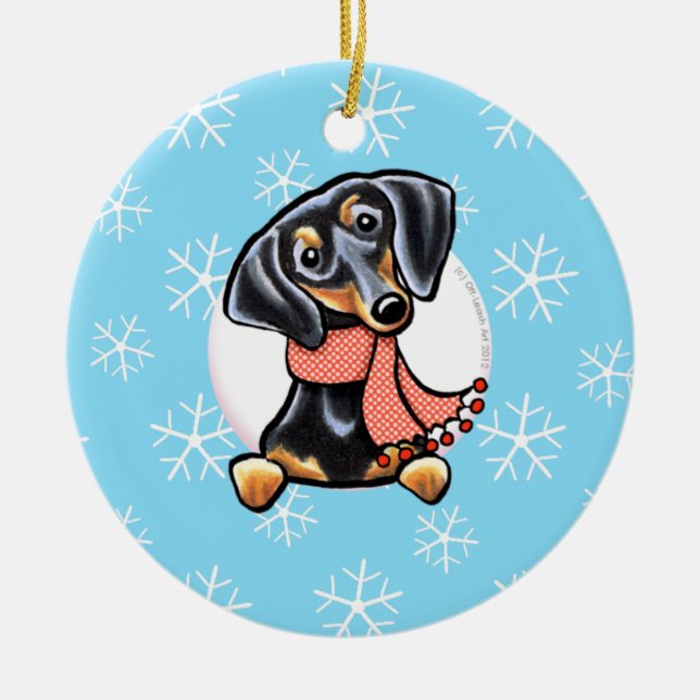 Smooth Black Tan Dachshund Let it Snow Ceramic Tree Decoration (Front)