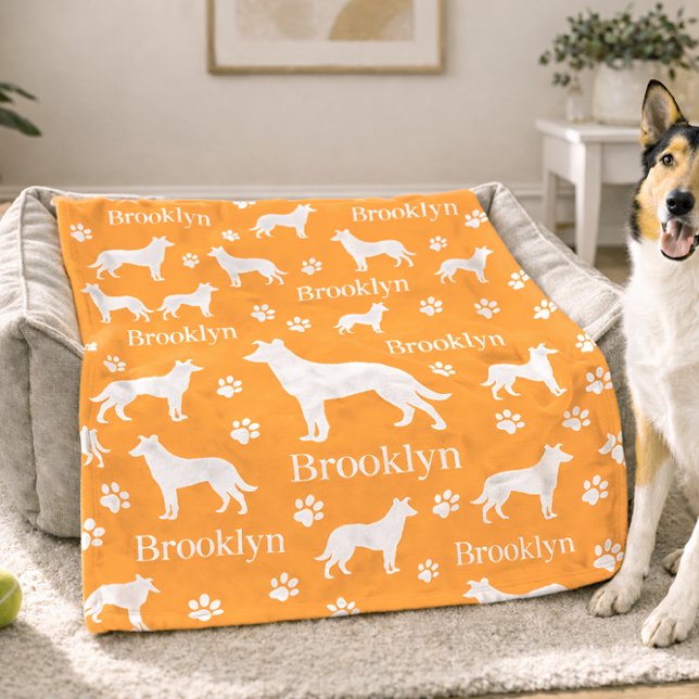 Smooth Collie Personalised Dog Blanket Orange (Smooth hair collie - orange personalized blanket with name and fave color options. Example - large)