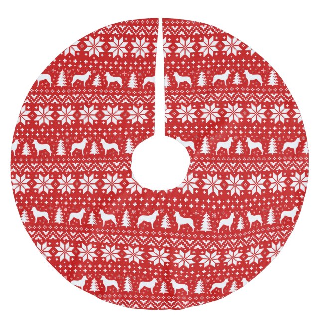 Smooth Collie Silhouettes Christmas Pattern Red Brushed Polyester Tree Skirt (Front)