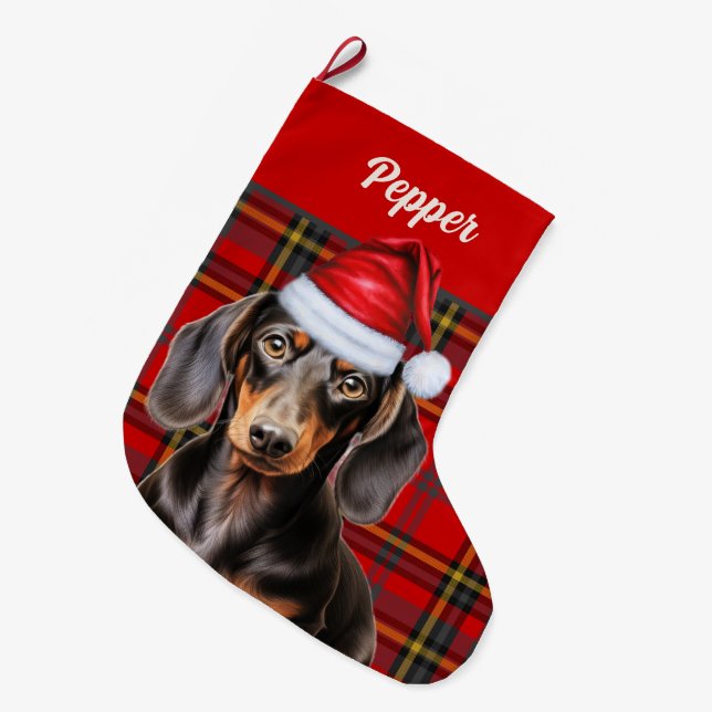 Smooth Dachshund Dog Holiday Plaid Personalised Large Christmas Stocking (Front (Hanging))