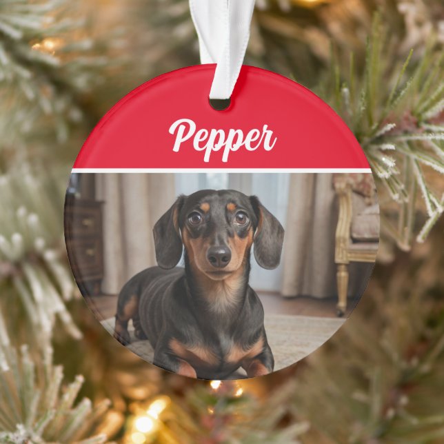 Smooth Dachshund with Name and Photo Christmas Ornament (Tree)