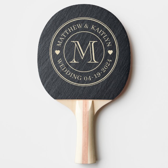 Smooth Dark Granite Wedding Monogram Heart Ping Pong Paddle (Front)