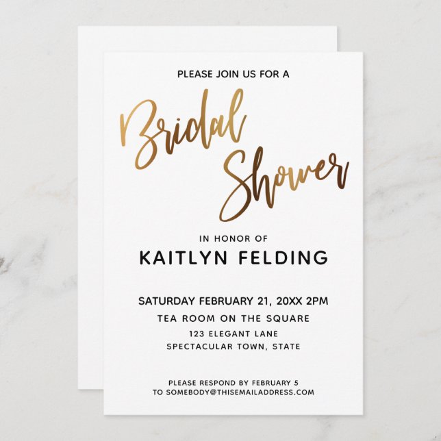 Smooth Gold Ombre Bridal Shower Typography Invitation (Front/Back)