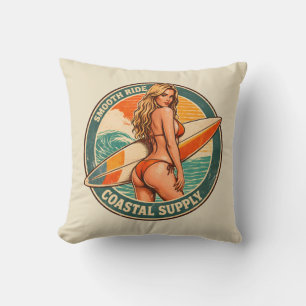 Smooth Ride Coastal Supply Retro Surf Shop Graphic Cushion