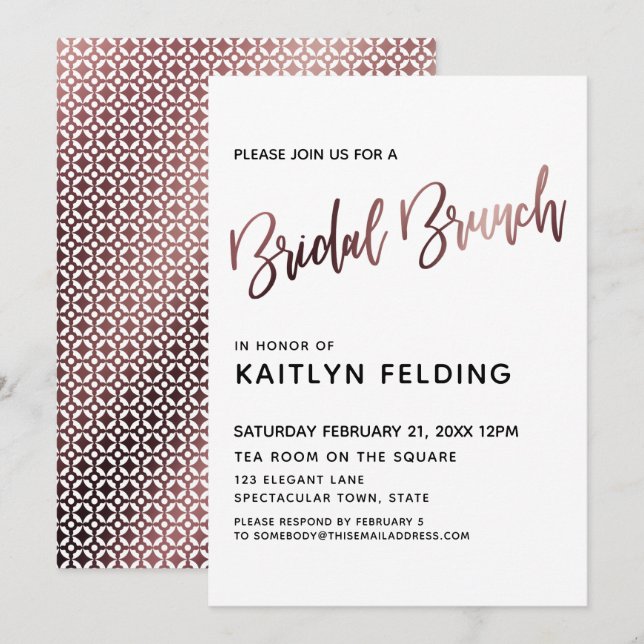 Smooth Rose Gold Ombre Bridal Brunch Typography Invitation (Front/Back)