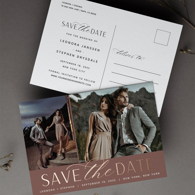 Smooth Script | 2 Photo Wedding Save the Date Foil Invitation Postcard (Creator Uploaded)