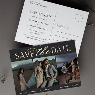Smooth Script 3 Photo Wedding Save the Date Foil Invitation Postcard
