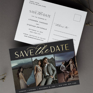 Smooth Script   3 Photo Wedding Save the Date Foil Invitation Postcard