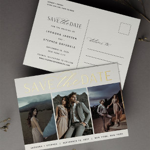 Smooth Script 3 Photo Wedding Save the Date Foil Invitation Postcard