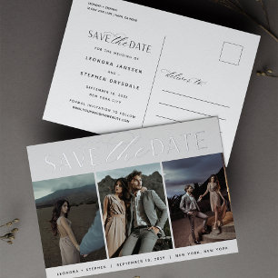 Smooth Script 3 Photo Wedding Save the Date Foil Invitation Postcard