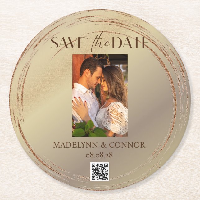 Smooth Script Photo QR Code Save the Date  Round  Paper Coaster (Front)