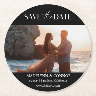 Smooth Script Photo Save the Date Round Paper Coas Coaster