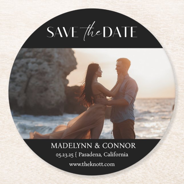 Smooth Script Photo Save the Date Round Paper Coas Coaster (Front)