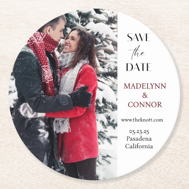 Smooth Script Photo Save the Date Round Paper Coas Coaster (Front)