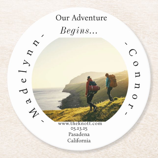 Smooth Script Photo Save the Date Round  Round Paper Coaster (Front)