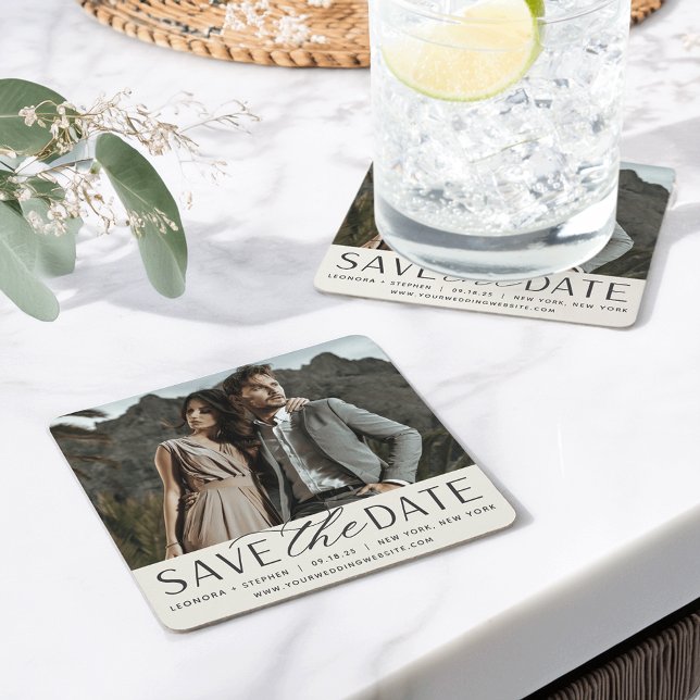 Smooth Script | Photo Save the Date Square Paper Coaster (Creator Uploaded)