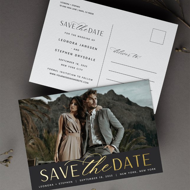 Smooth Script | Photo Wedding Save the Date Foil Invitation Postcard (Creator Uploaded)