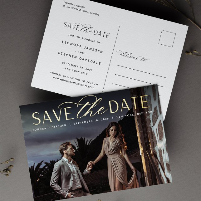 Smooth Script | Photo Wedding Save the Date Foil Invitation Postcard (Creator Uploaded)