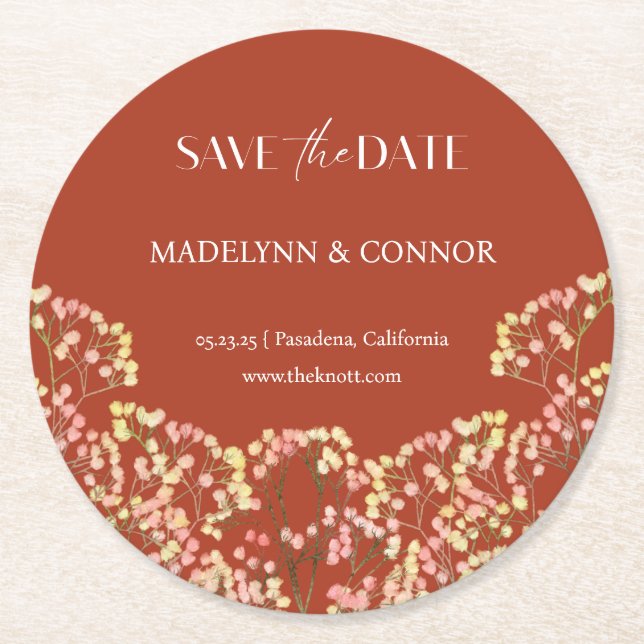 Smooth Script Terracotta Wedding Save the Date  Round Paper Coaster (Front)