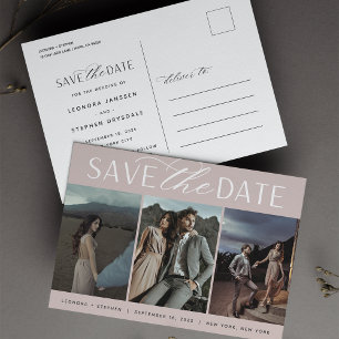 Smooth Script   Three Photo Wedding Save the Date Announcement Postcard